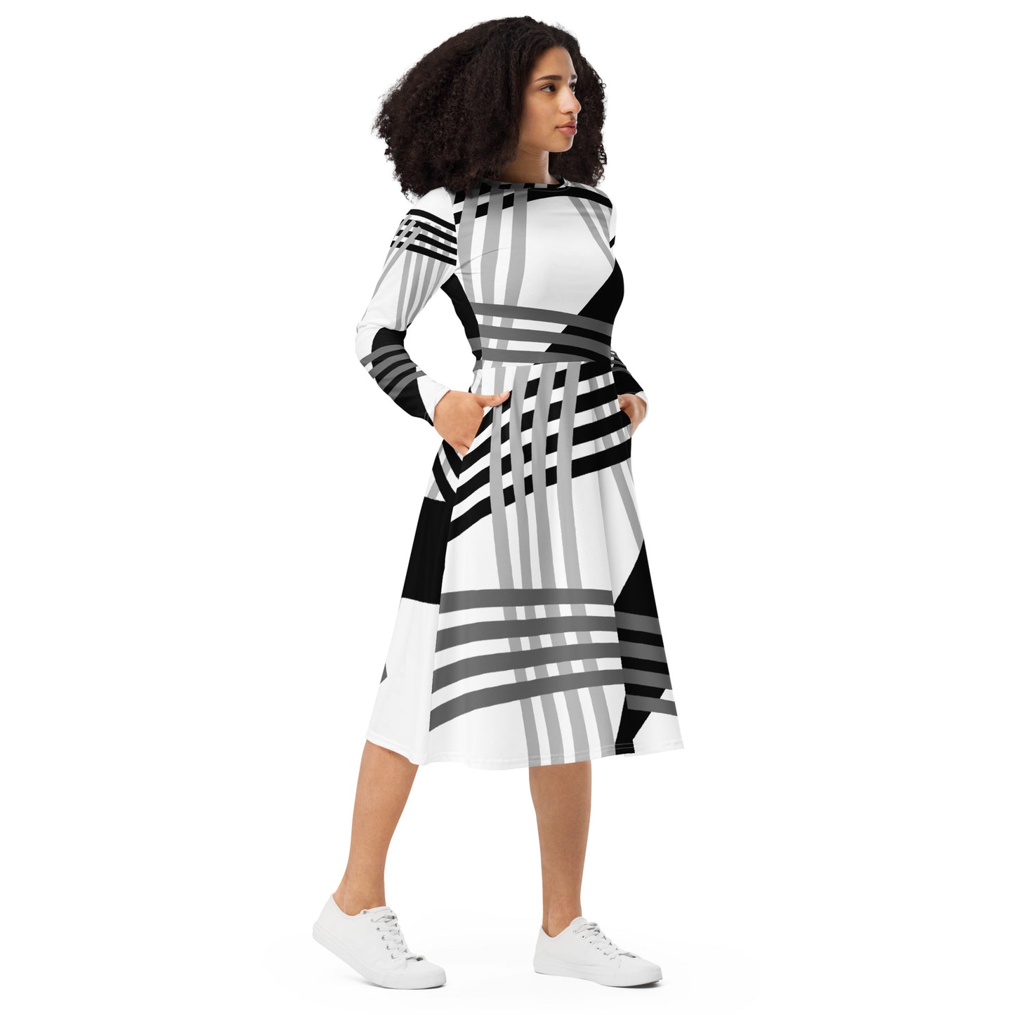 All-over print long sleeve midi dress